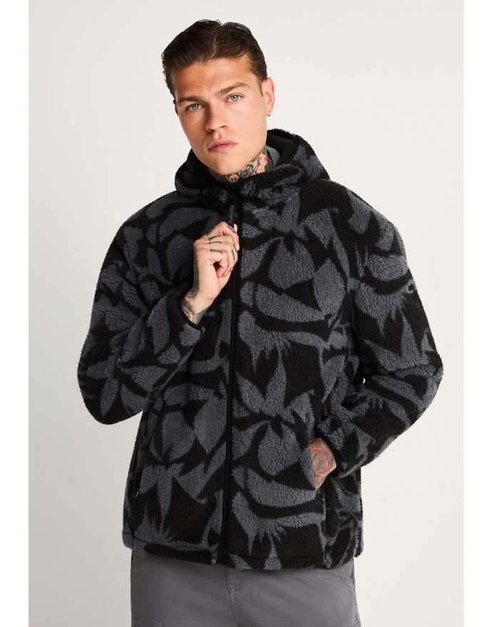 Funky Buddha Ανδρική fleece ζακέτα με κουκούλα και jacquard μοτίβο Black FBM014-072-06