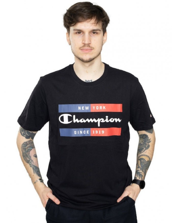 Champion Crewneck T-Shirt Ανδρική Κοντομάνικη Μπλούζα με τύπωμα Black 218559-WW001