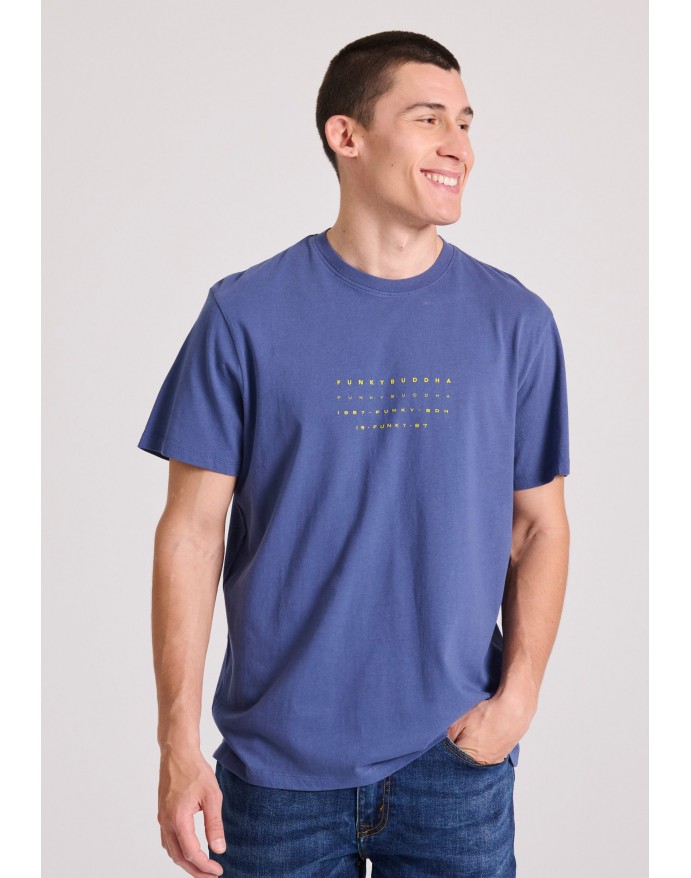 Funky Buddha Ανδρικό T-Shirt με text artwork τύπωμα Indigo FBM009-041-04