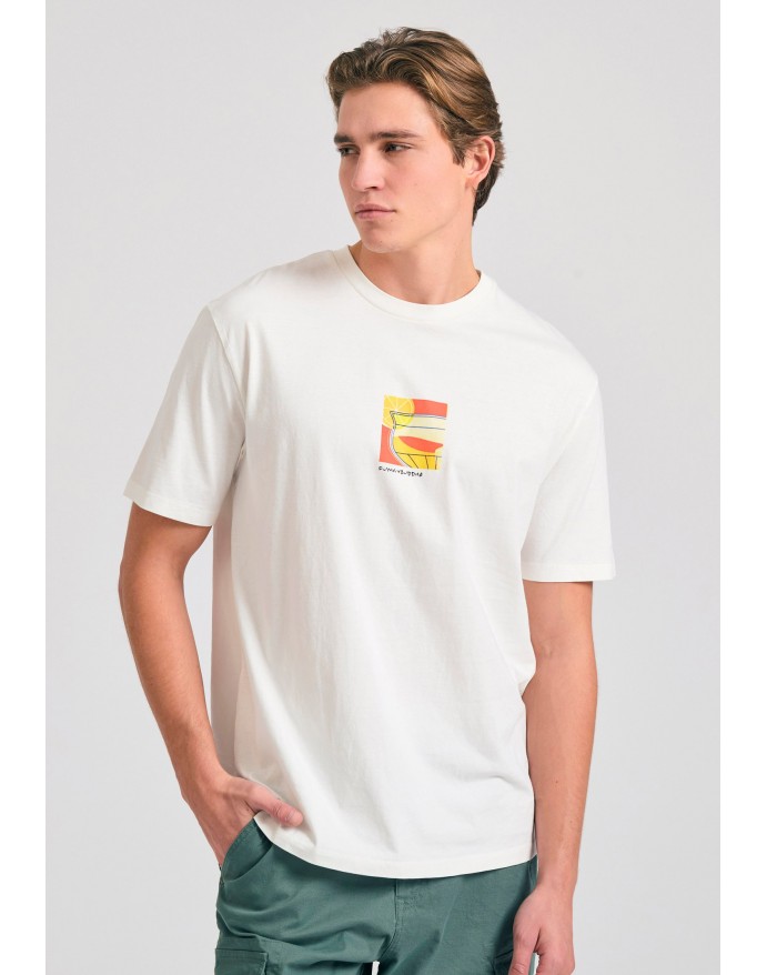 Funky Buddha Ανδρικό Relaxed Fit T-Shirt με retro τύπωμα στην πλάτη Off White FBM011-058-04