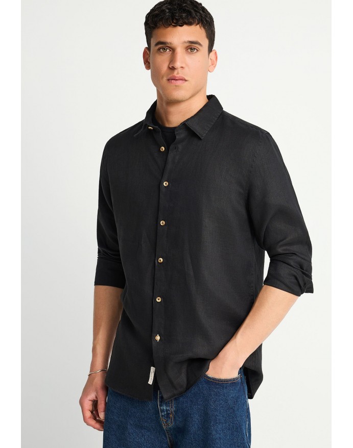 Funky Buddha Ανδρικό Λινό Πουκάμισο Black FBM013-001-05