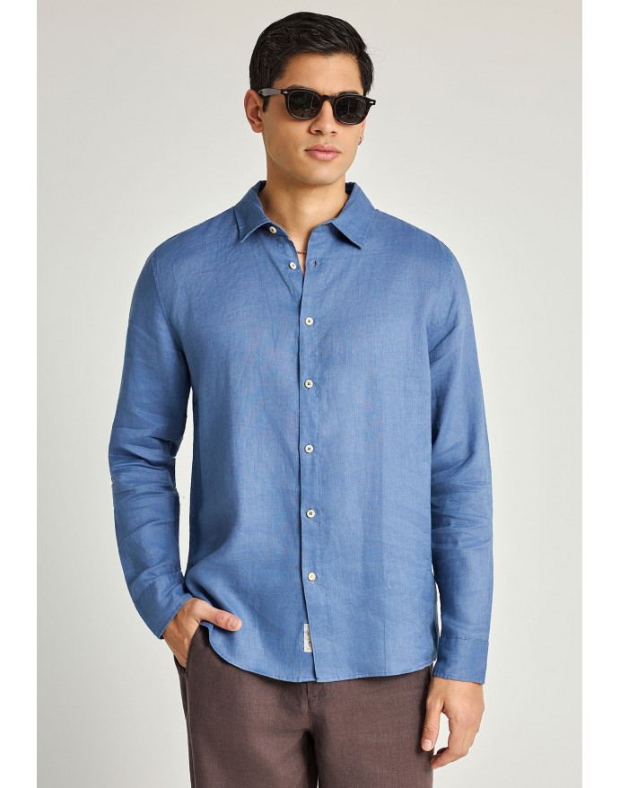 Funky Buddha Ανδρικό Λινό Πουκάμισο Indigo FBM013-001-05