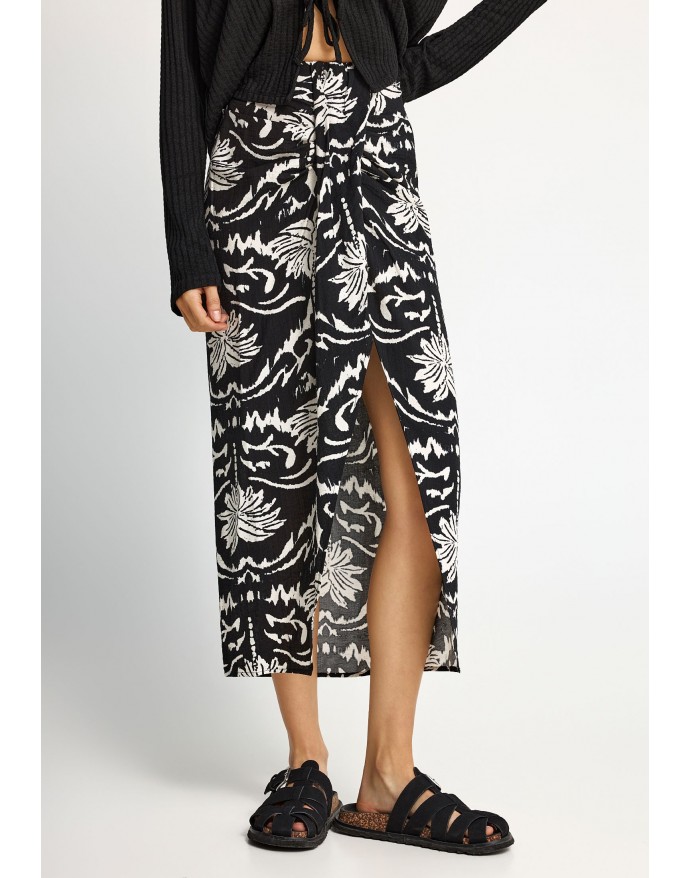 Funky Buddha All Over Printed Midi Φούστα με άνοιγμα Black FBL013-105-14