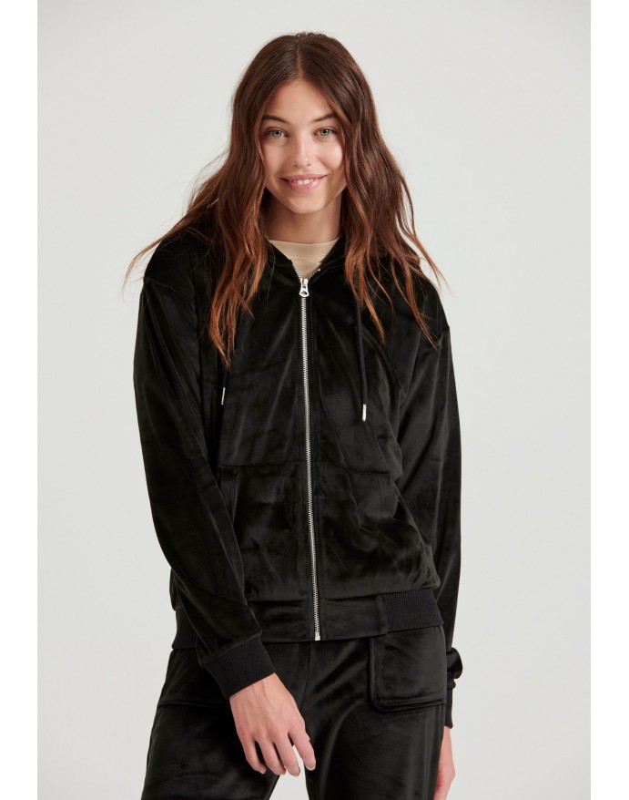 Funky Buddha Γυναικεία βελουτέ ζακέτα με κουκούλα Black FBL010-100-06