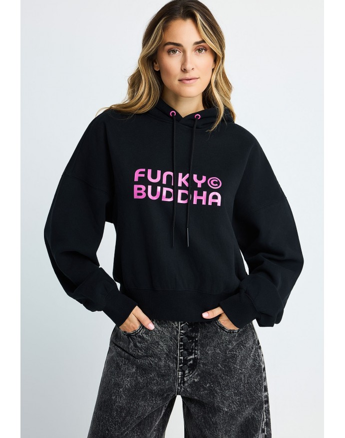 Funky Buddha Γυναικεία cropped μπλούζα φούτερ με κουκούλα Black FBL014-117-06 Funky Buddha Γυναικεία cropped μπλούζα φούτερ με κουκούλα Black FBL014-117-06