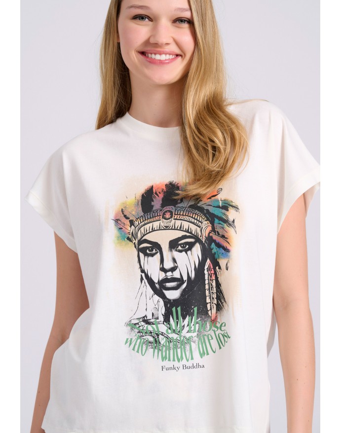 Funky Buddha Γυναικείο Loose Fit T-Shirt με bohemian τύπωμα White FBL009-110-04