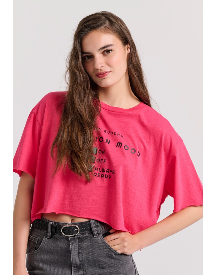 Funky Buddha Γυναικείο Loose Fit Cropped T-Shirt με τύπωμα Bright Rose FBL009-139-04