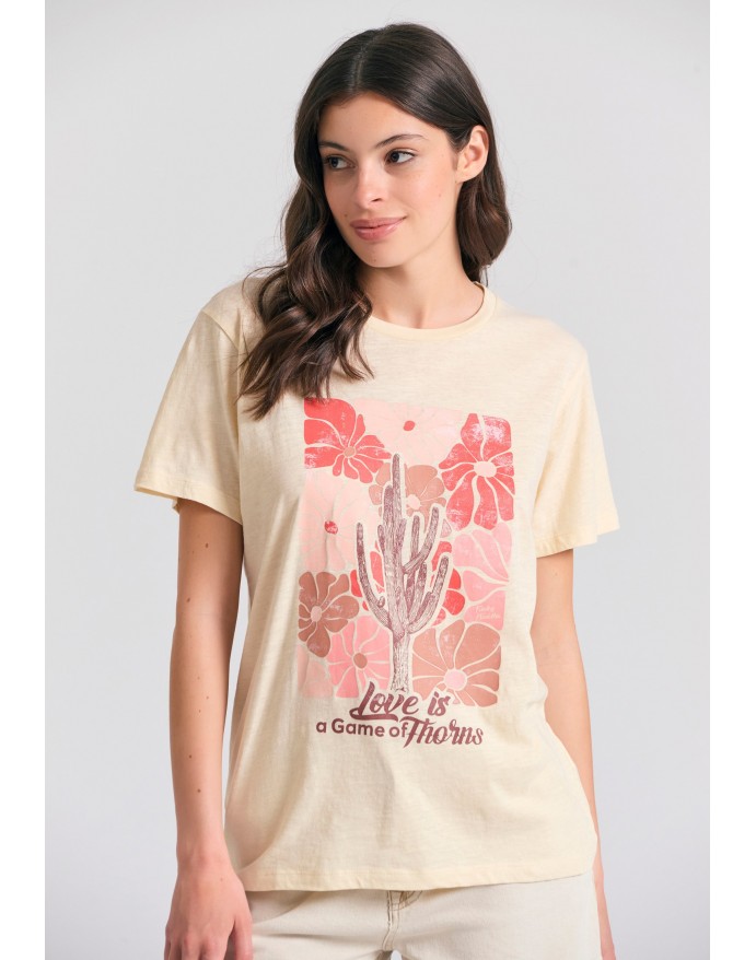 Funky Buddha Γυναικείο Loose Fit T-Shirt με vintage τύπωμα Chalk FBL011-174-04