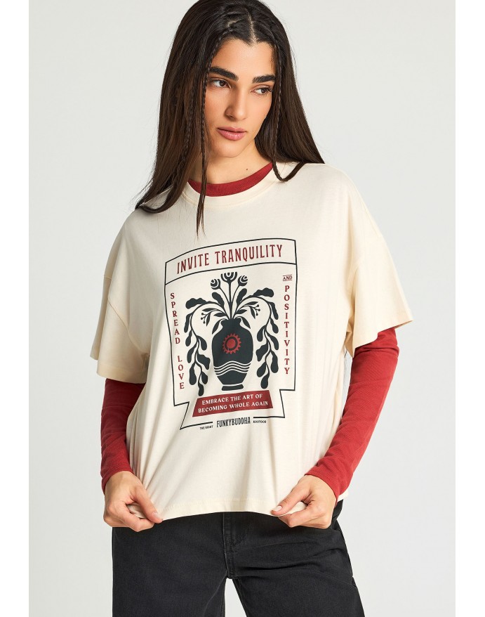 Funky Buddha Γυναικείο Βαμβακερό Loose T-Shirt με τύπωμα Chalk FBL013-121-04
