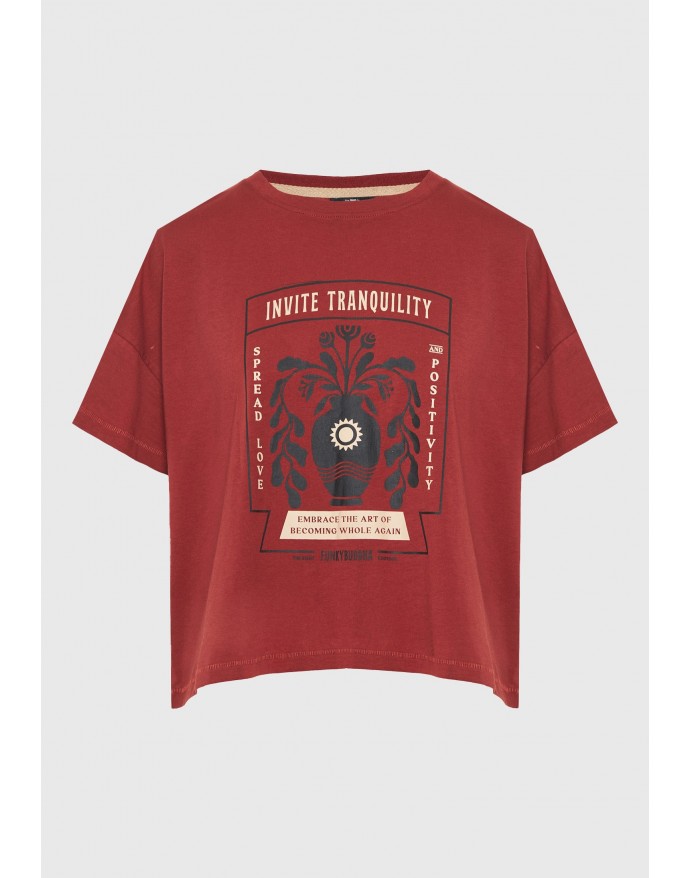 Funky Buddha Γυναικείο Βαμβακερό Loose T-Shirt με τύπωμα Henna Brown FBL013-121-04