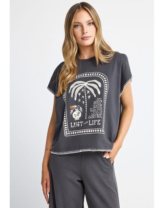 Funky Buddha Γυναικείο Relaxed T-Shirt με τύπωμα Anthracite FBL013-132-04