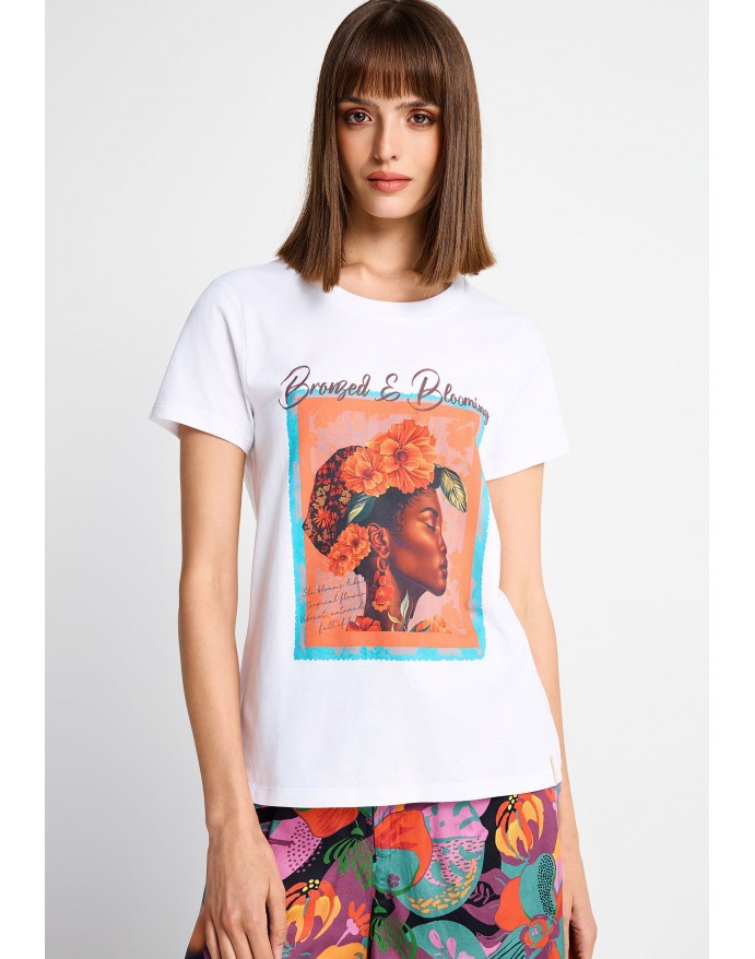 Funky Buddha Γυναικείο Βαμβακερό T-Shirt με τύπωμα White FBL013-134-04