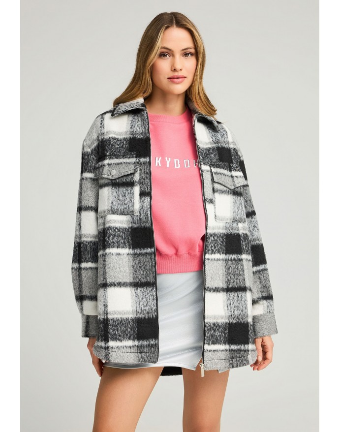 Funky Buddha Γυναικείο Καρό Παλτό με κούμπωμα φερμουάρ Black FBL012-126-01