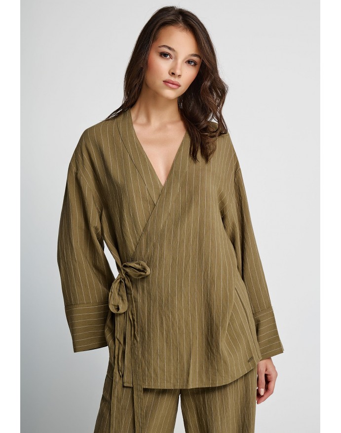 Funky Buddha Γυναικείο Ριγέ Κιμονό Dusty Olive FBL013-105-01