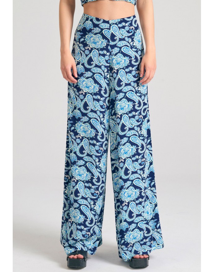 Funky Buddha Γυναικεία wide leg εμπριμέ παντελόνα Midnight Blue FBL011-109-02