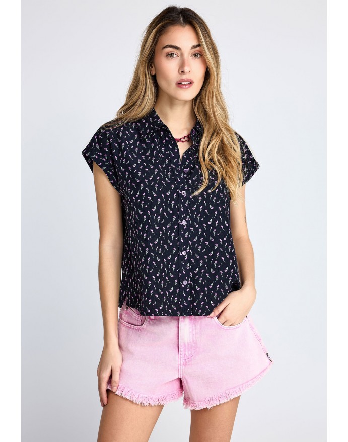 Funky Buddha Γυναικείο Floral Κοντομάνικο Πουκάμισο Navy FBL013-105-05