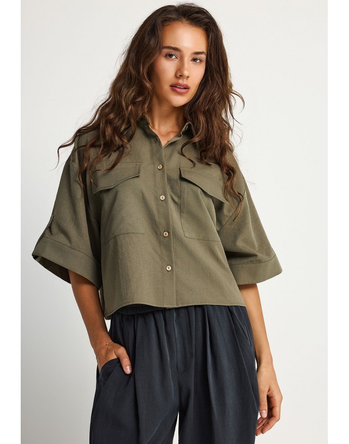 Funky Buddha Γυναικείο Κοντομάνικο Casual Πουκάμισο Khaki FBL013-112-05 Funky Buddha Γυναικείο Κοντομάνικο Casual Πουκάμισο Khaki FBL013-112-05