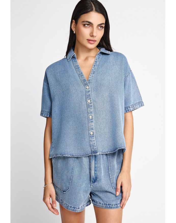 Funky Buddha Γυναικείο Κοντομάνικο Πουκάμισο από Lyocell Lt Blue FBL013-120-05 Funky Buddha Γυναικείο Κοντομάνικο Πουκάμισο από Lyocell Lt Blue FBL013-120-05