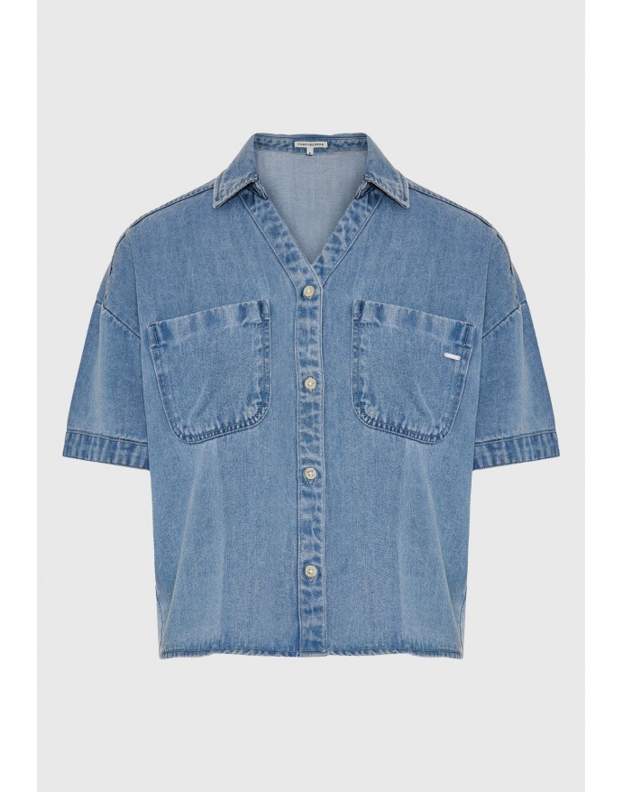 Funky Buddha Γυναικείο Κοντομάνικο Πουκάμισο από Lyocell Lt Blue FBL013-120-05