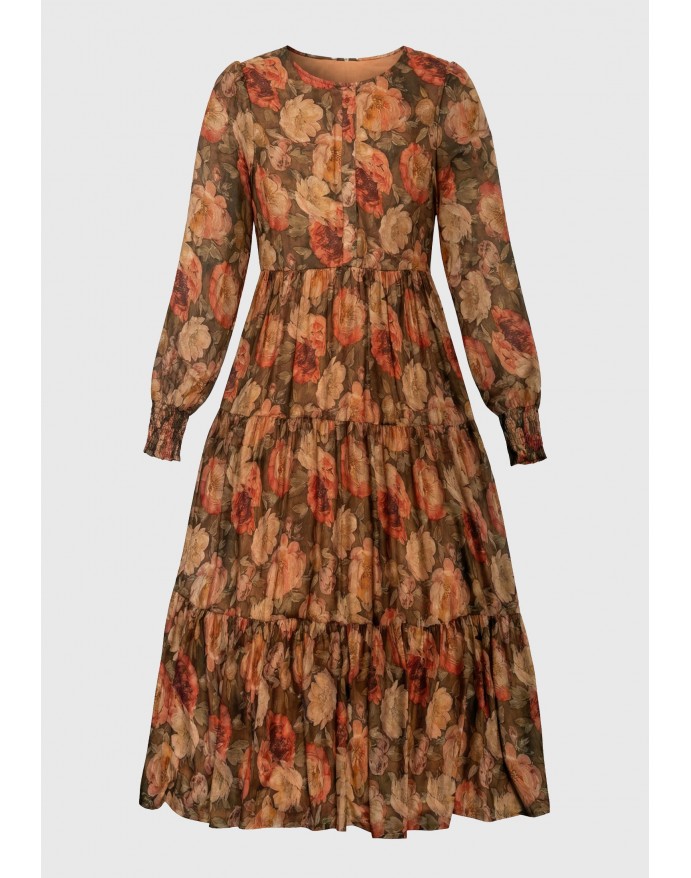 Funky Buddha Floral maxi φόρεμα με βολάν Khaki FBL014-121-13 Funky Buddha Floral maxi φόρεμα με βολάν Khaki FBL014-121-13
